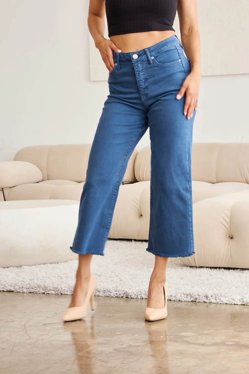 Chloe Crop Tummy Control High Waist Raw Hem Jeans - Blue