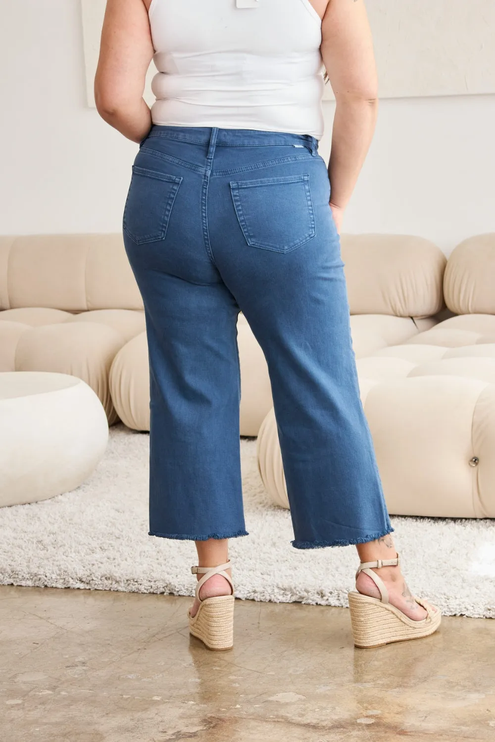 Chloe Crop Tummy Control High Waist Raw Hem Jeans - Blue