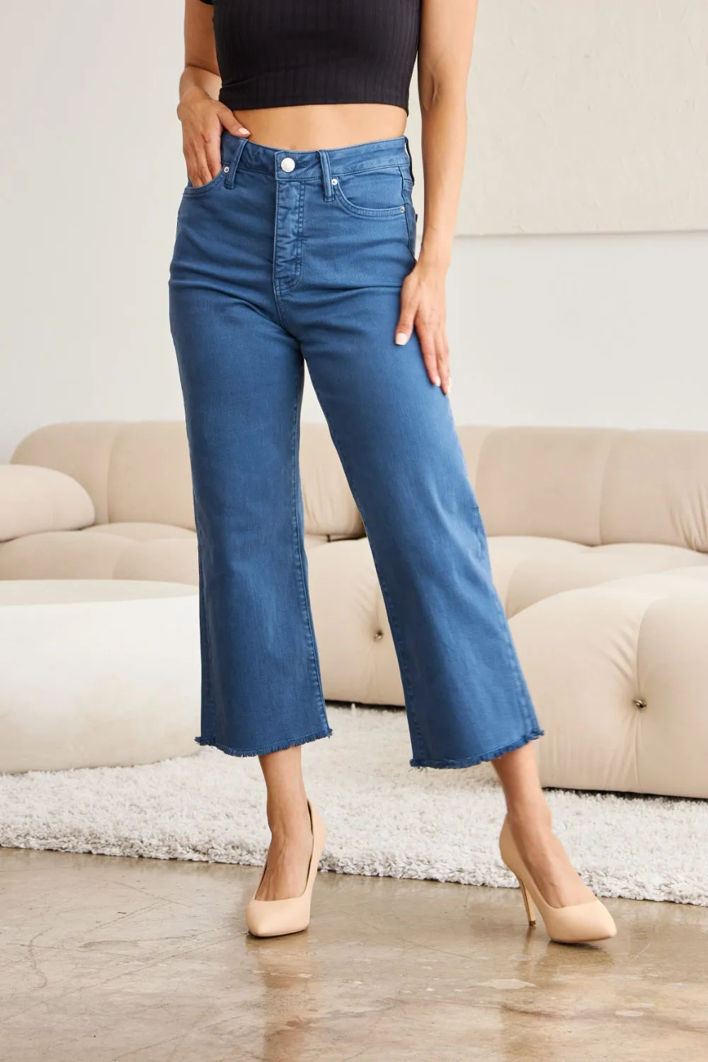 Chloe Crop Tummy Control High Waist Raw Hem Jeans - Blue