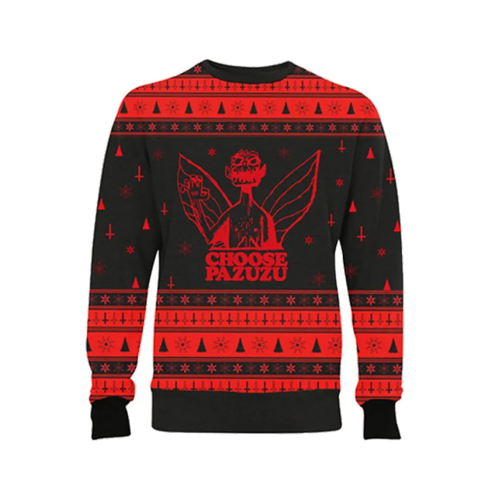 Sure, here is an optimized title for the e-commerce product:

Festive Pazuzu Themed Ugly Christmas Sweater - Unisex Holiday Novelty Knit Jumper