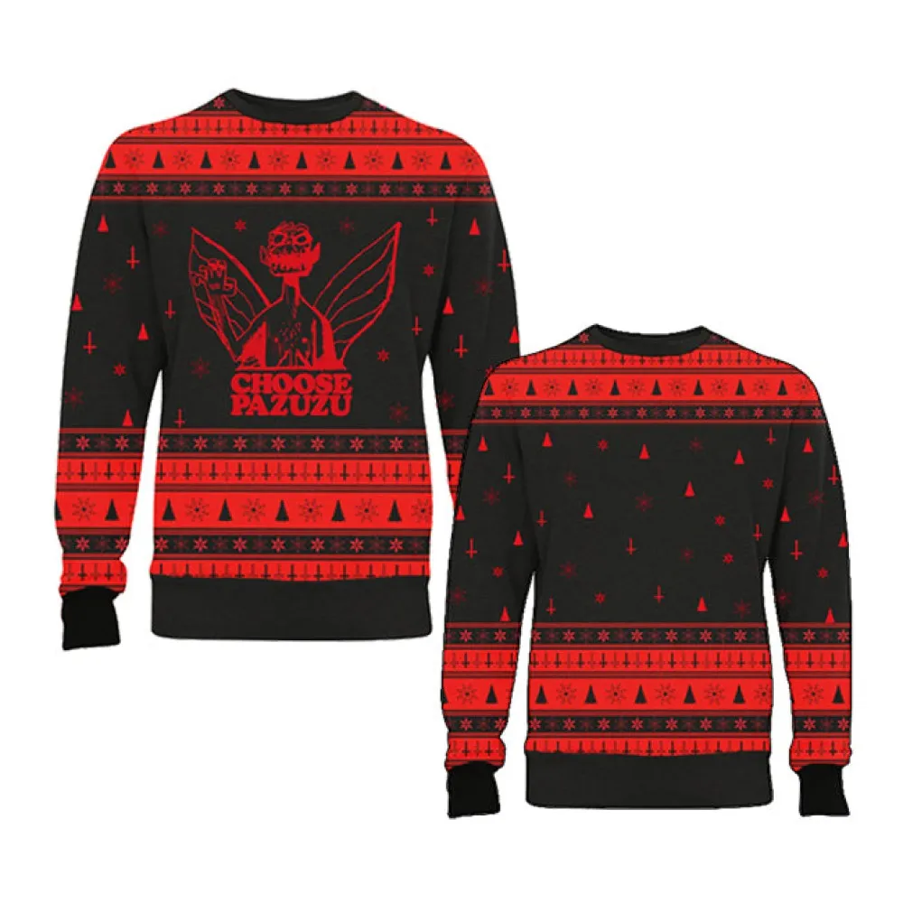 Sure, here is an optimized title for the e-commerce product:

Festive Pazuzu Themed Ugly Christmas Sweater - Unisex Holiday Novelty Knit Jumper