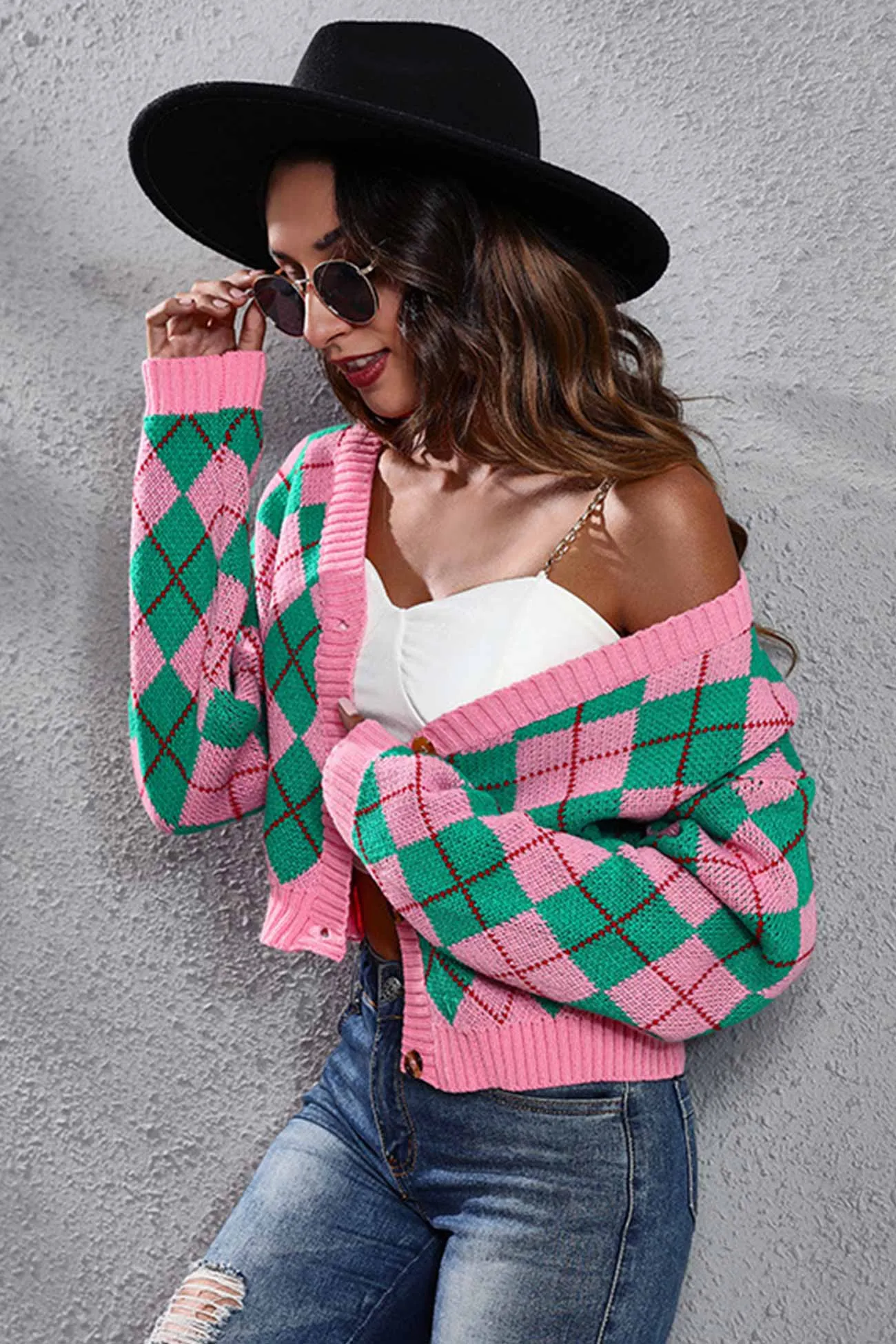 Color Patchwork Argyle Knitted Cardigan