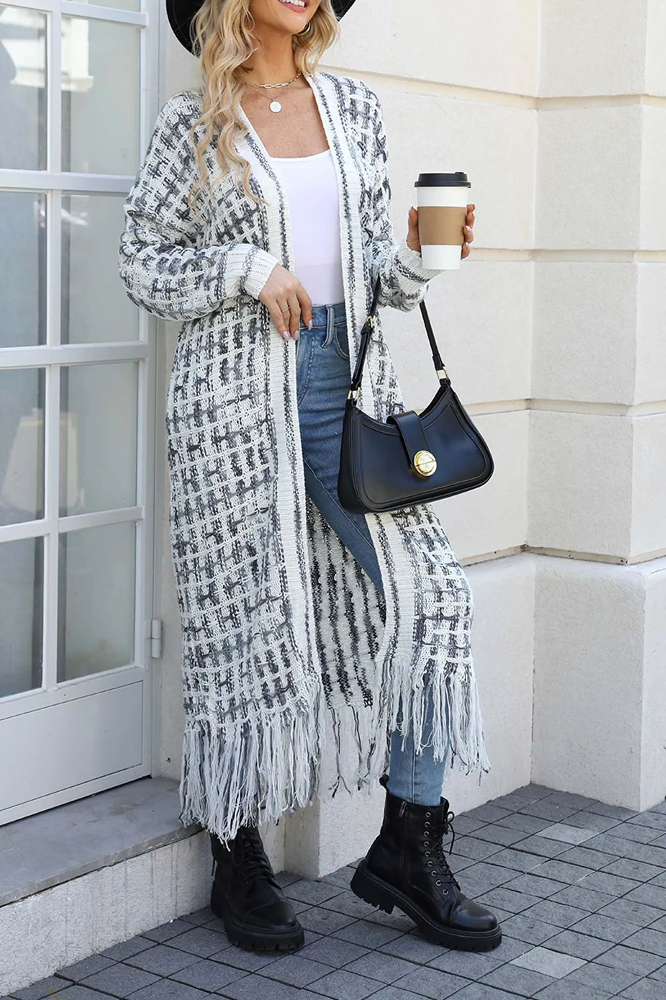 Contrast Fringe Hem Open Front Long Cardigan