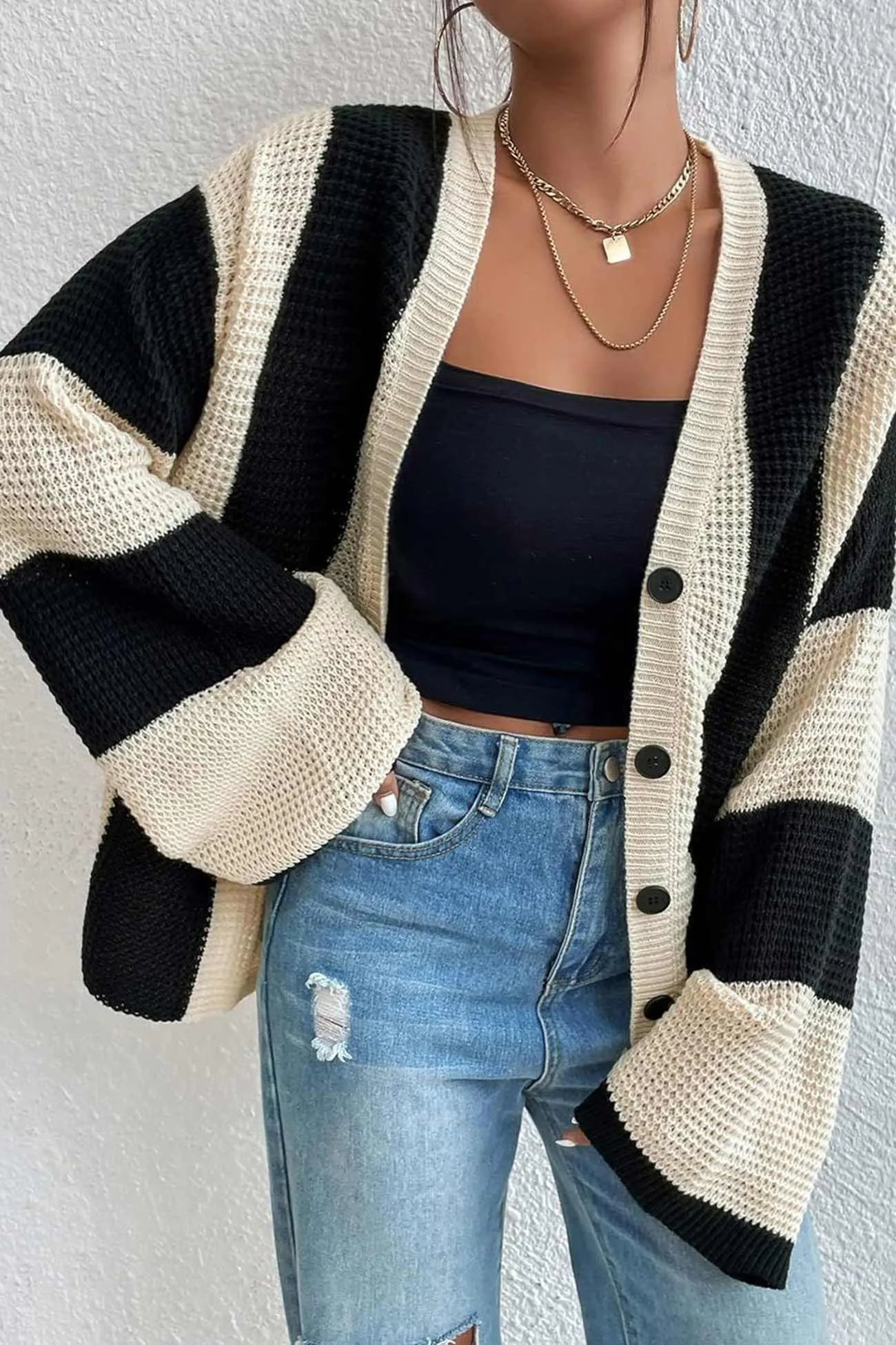 Contrast Striped Flares Sleeve Cardigan