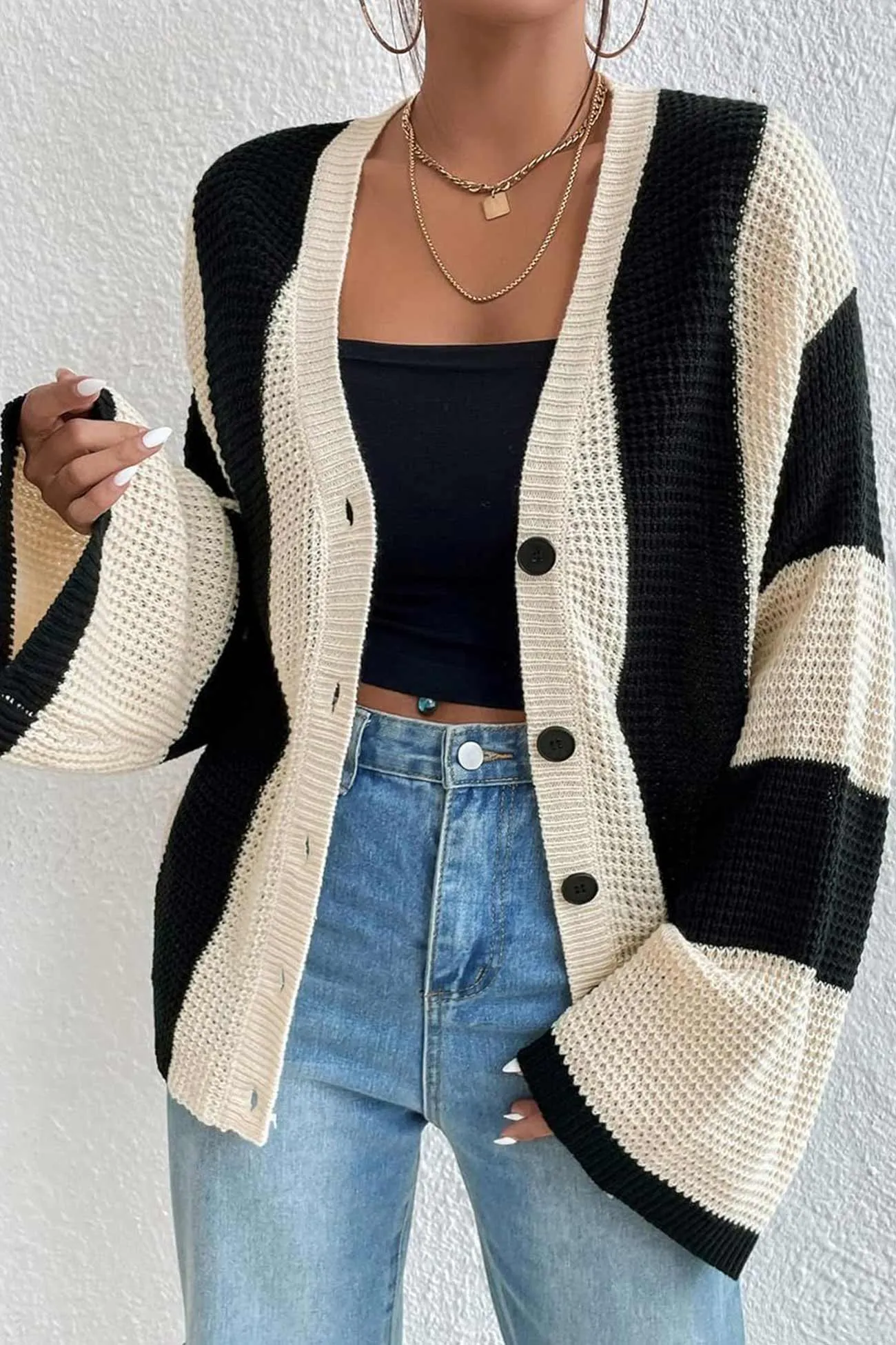 Contrast Striped Flares Sleeve Cardigan