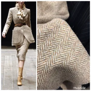 Countess Ryleigh Designer 100% Wool Brown Beige Herringbone Woven Coat Fabric- 58” Wide