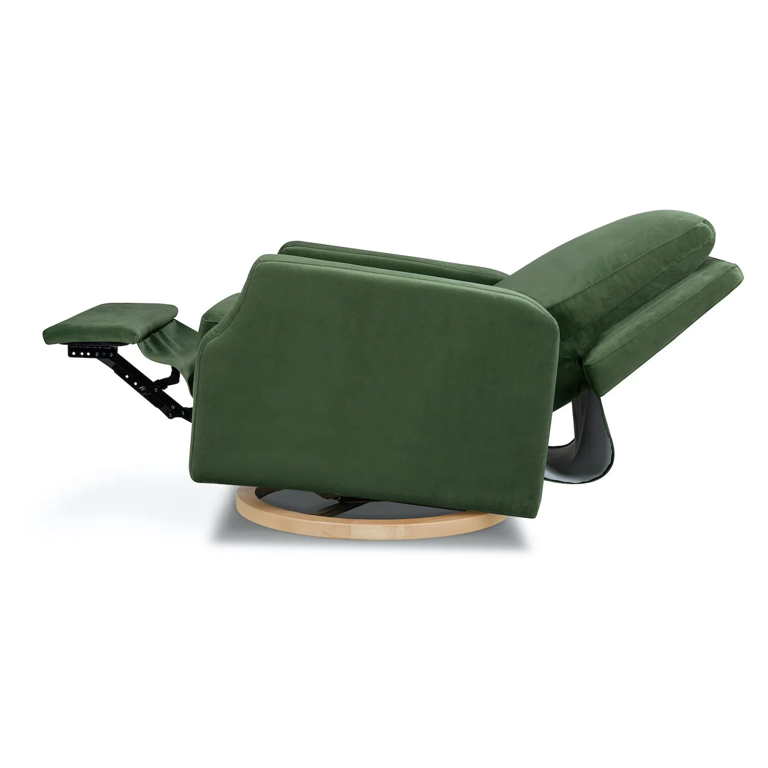 Crewe Recliner   Swivel Glider in Eco-Performance Fabric - Forest Green Velvet with Light Wood Base