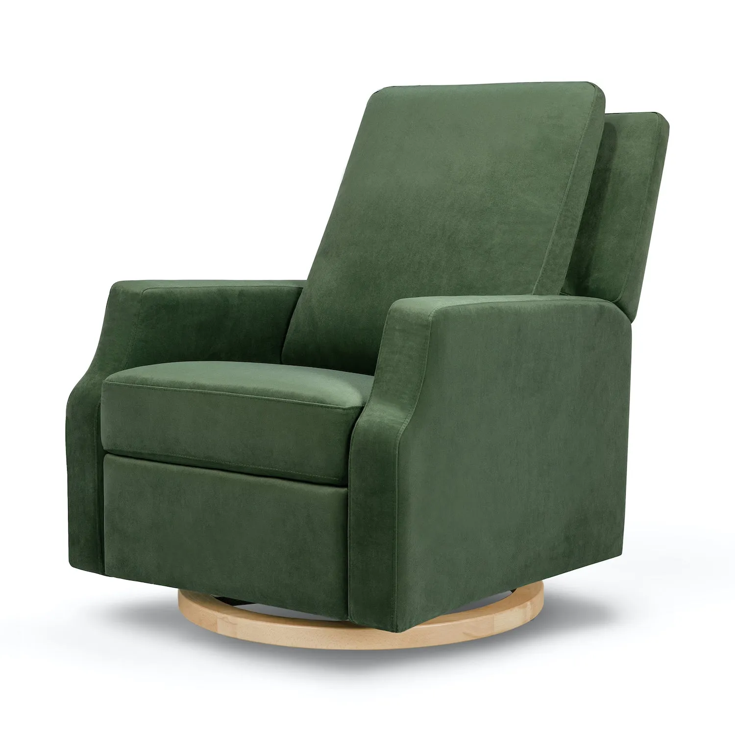 Crewe Recliner   Swivel Glider in Eco-Performance Fabric - Forest Green Velvet with Light Wood Base