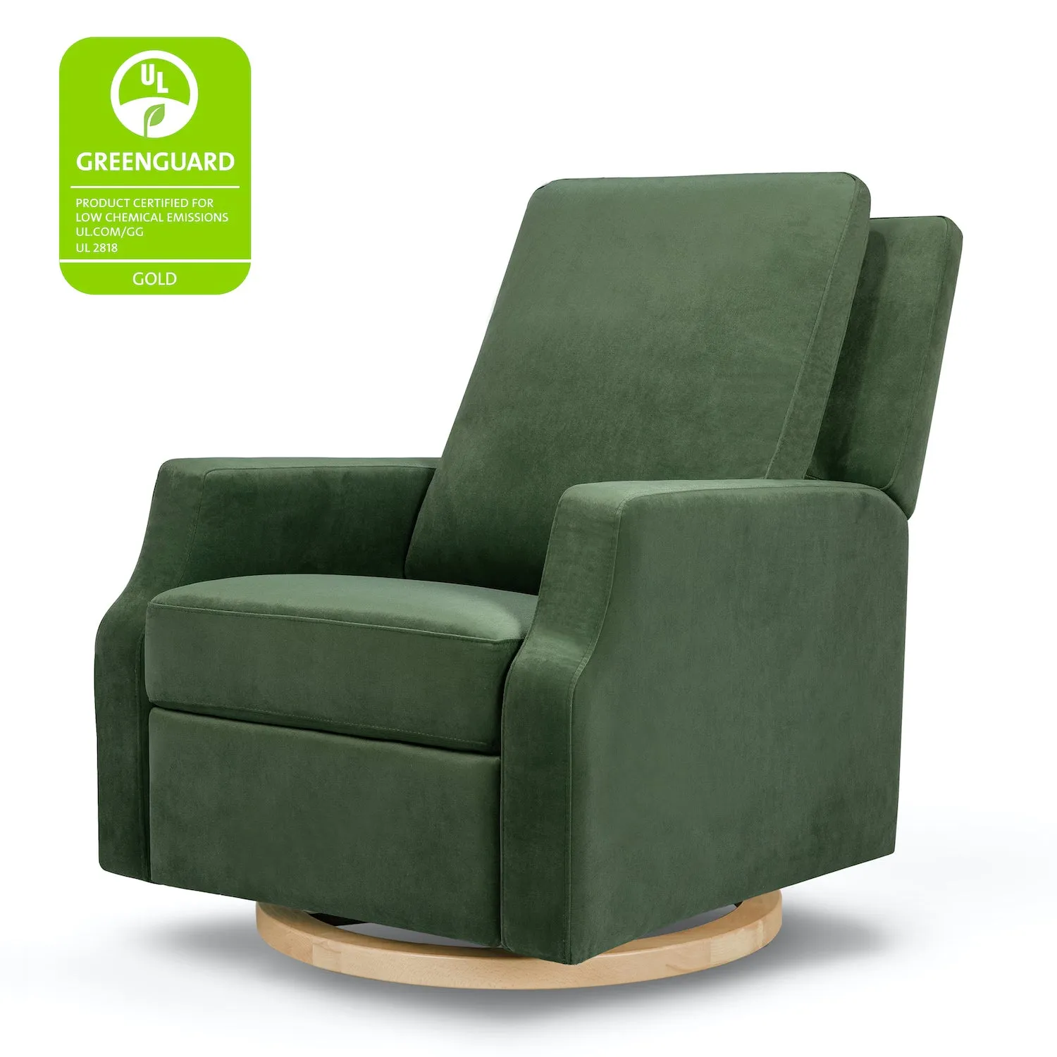 Crewe Recliner   Swivel Glider in Eco-Performance Fabric - Forest Green Velvet with Light Wood Base