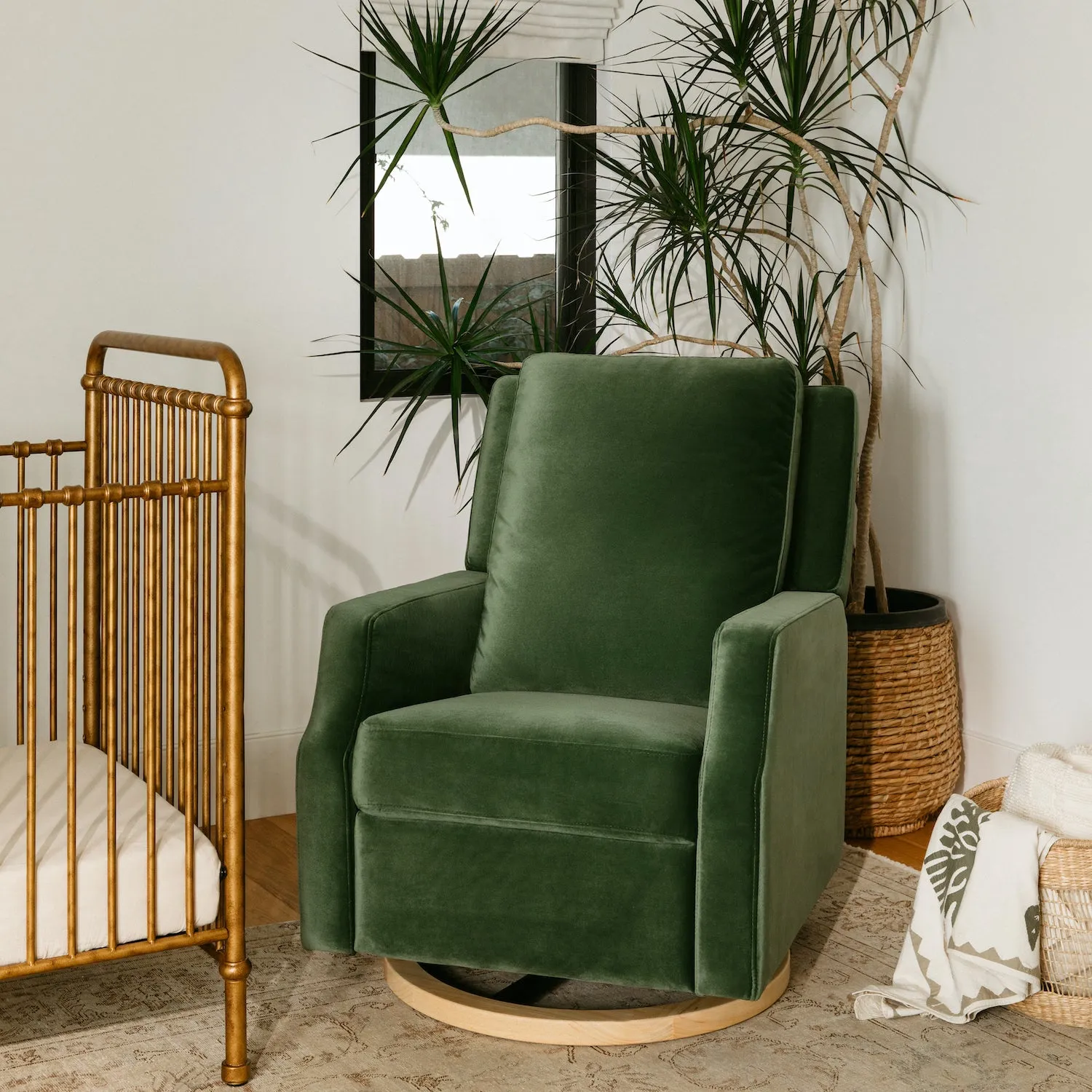 Crewe Recliner   Swivel Glider in Eco-Performance Fabric - Forest Green Velvet with Light Wood Base