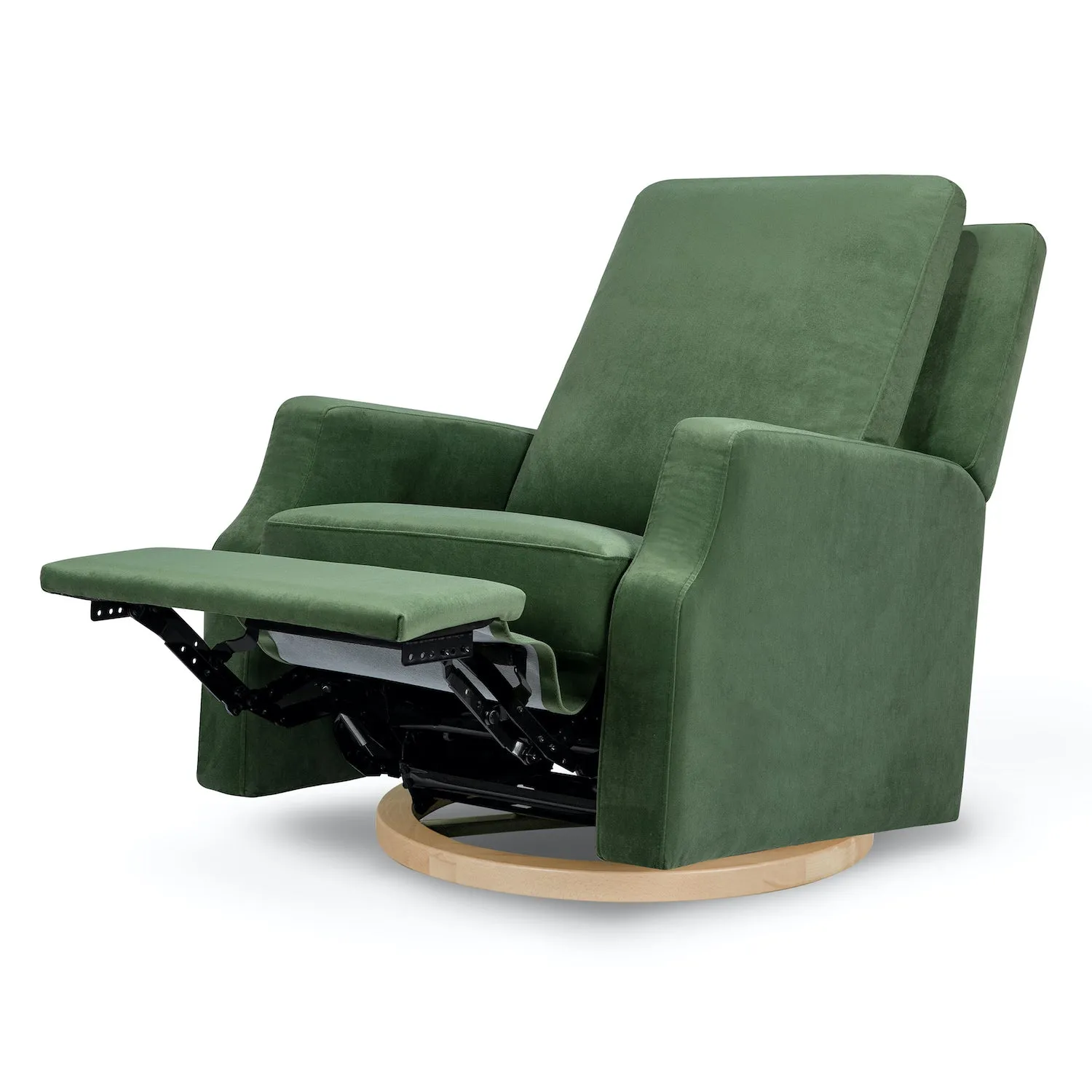 Crewe Recliner   Swivel Glider in Eco-Performance Fabric - Forest Green Velvet with Light Wood Base