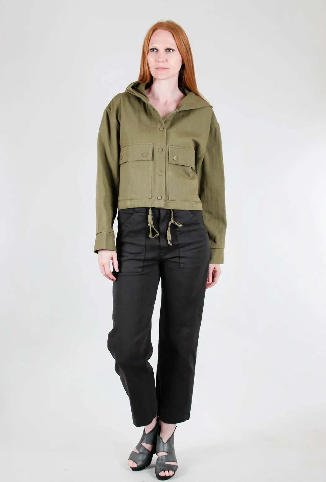 Crop Snap Button Hoodie, Olive