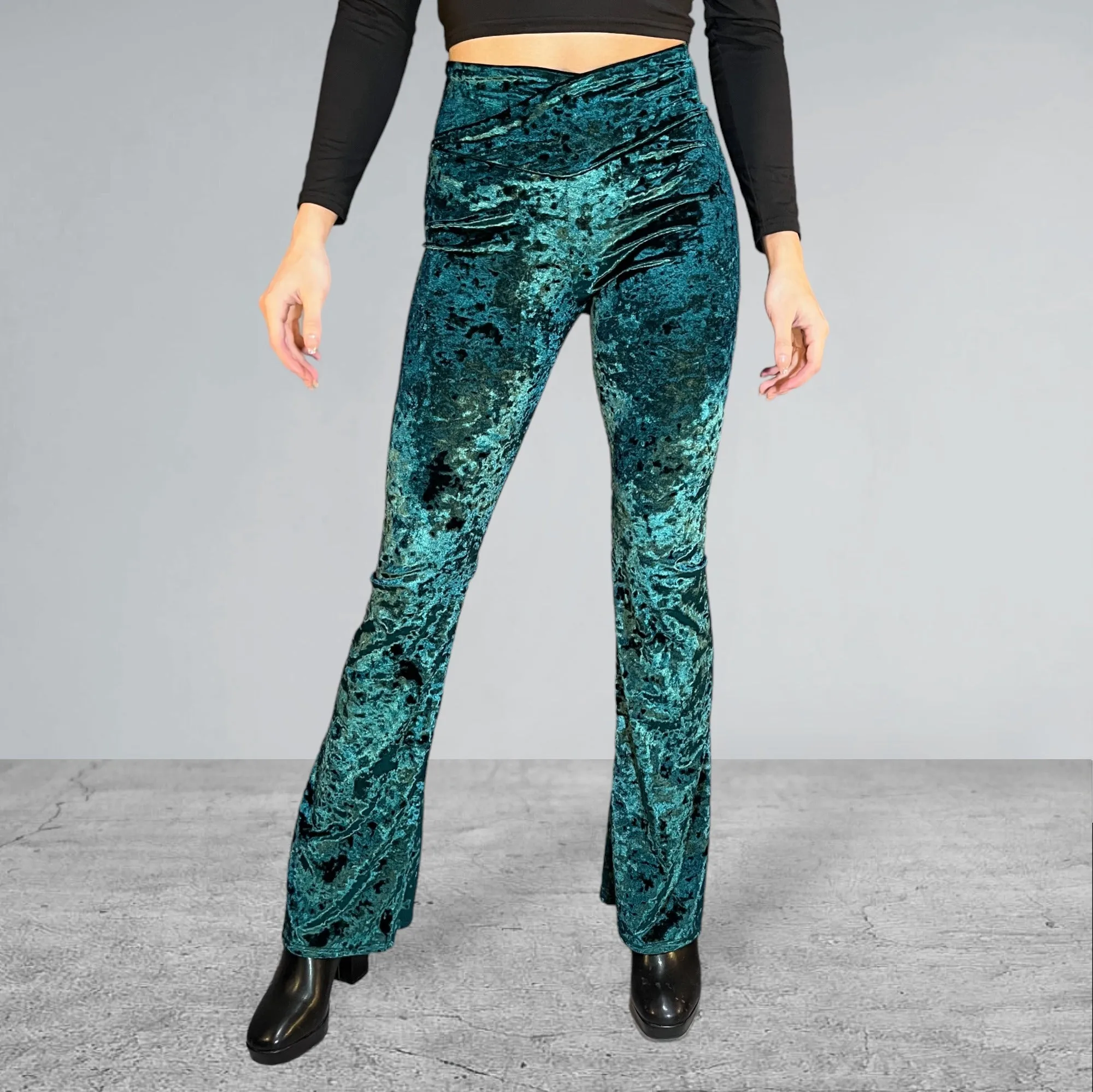 Crossover V-Waist Bootcut Flare Pants - Hunter Green Crushed Velvet