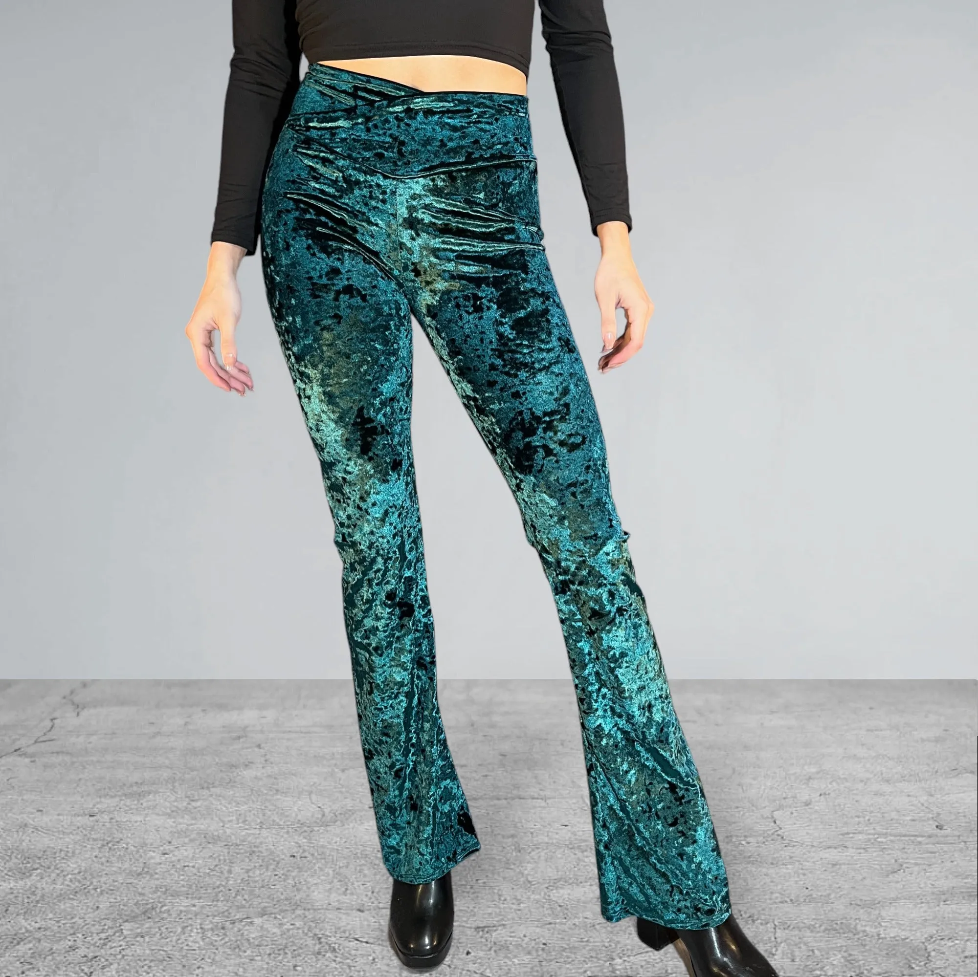 Crossover V-Waist Bootcut Flare Pants - Hunter Green Crushed Velvet