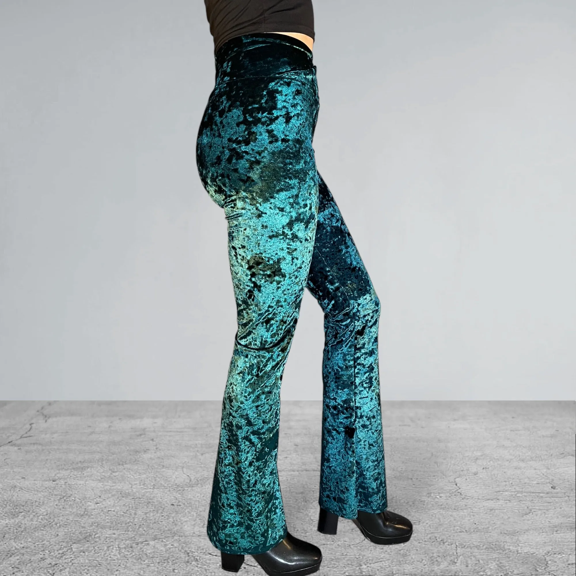 Crossover V-Waist Bootcut Flare Pants - Hunter Green Crushed Velvet