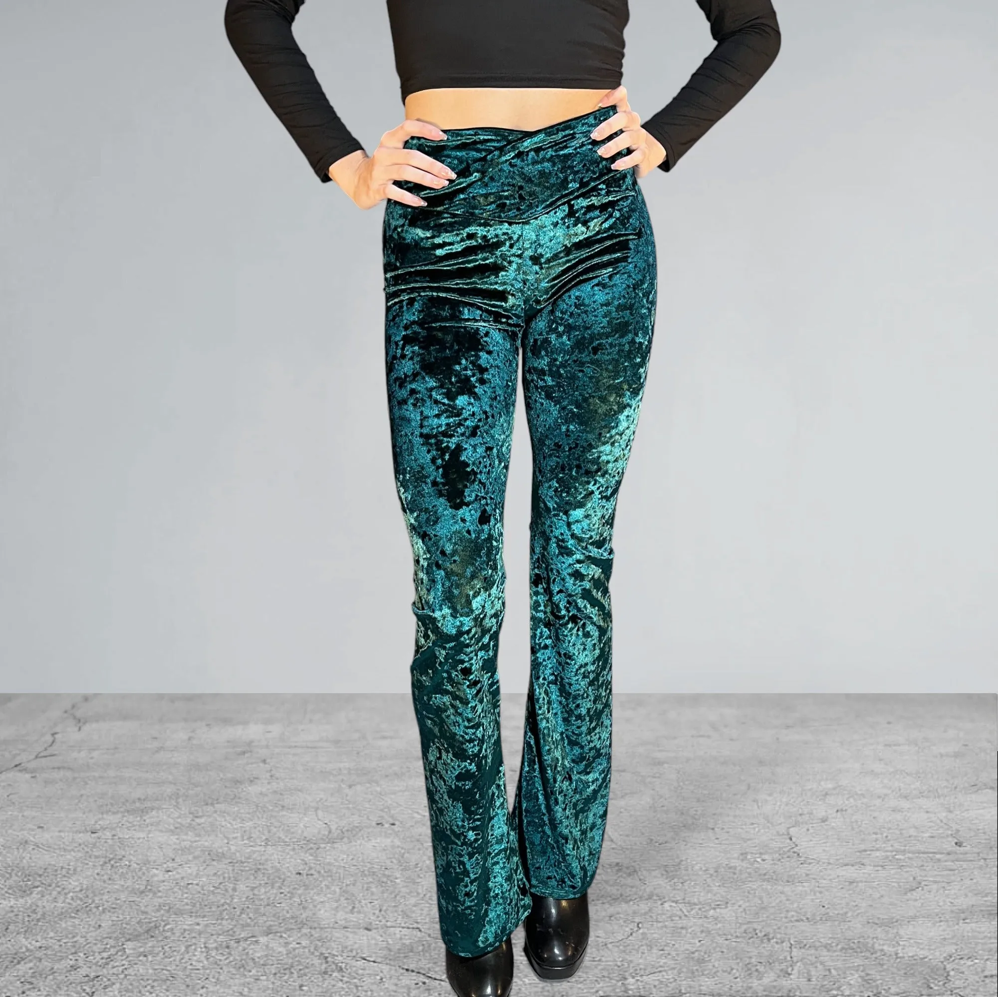 Crossover V-Waist Bootcut Flare Pants - Hunter Green Crushed Velvet