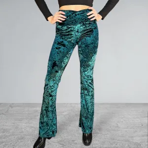 Crossover V-Waist Bootcut Flare Pants - Hunter Green Crushed Velvet