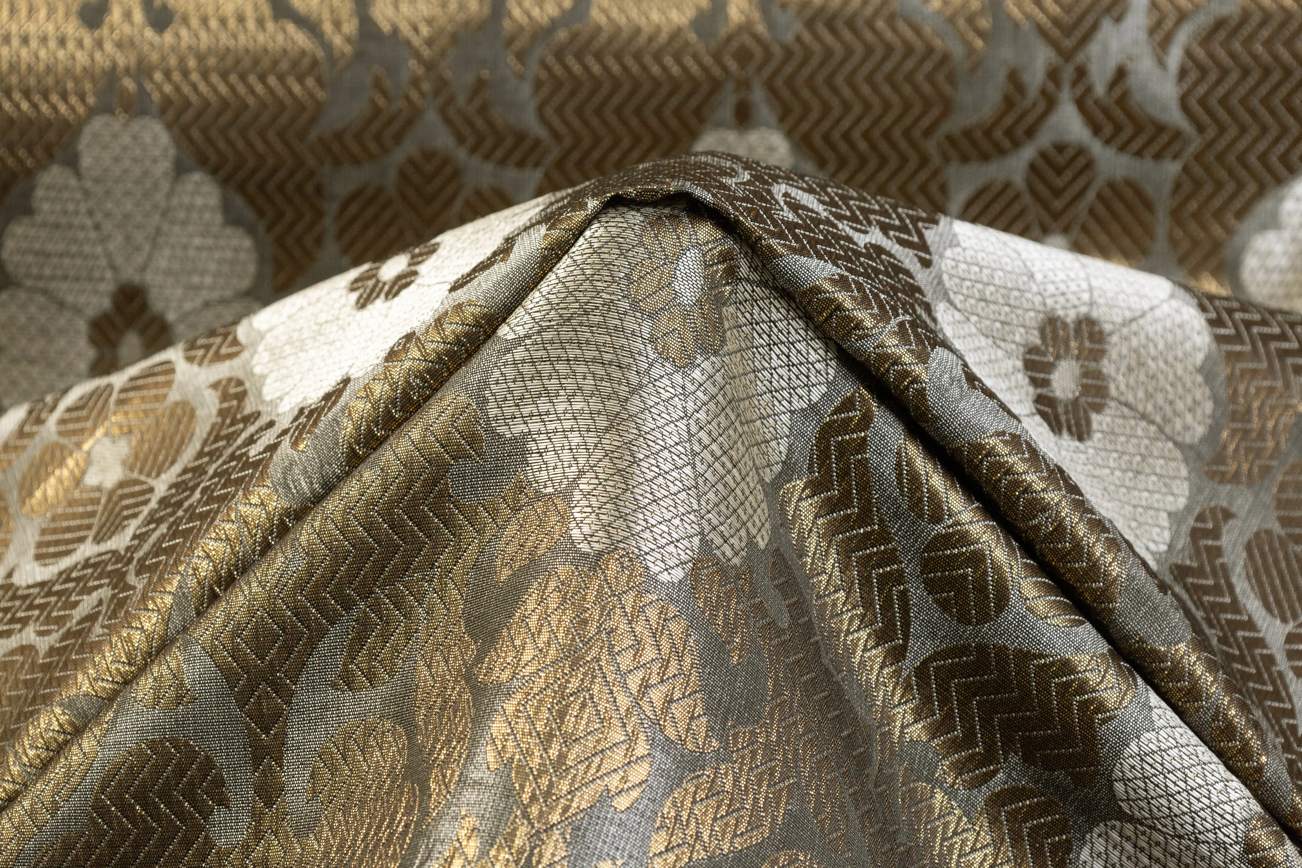 Damask Metallic Brocade - Antique Brass / Gray