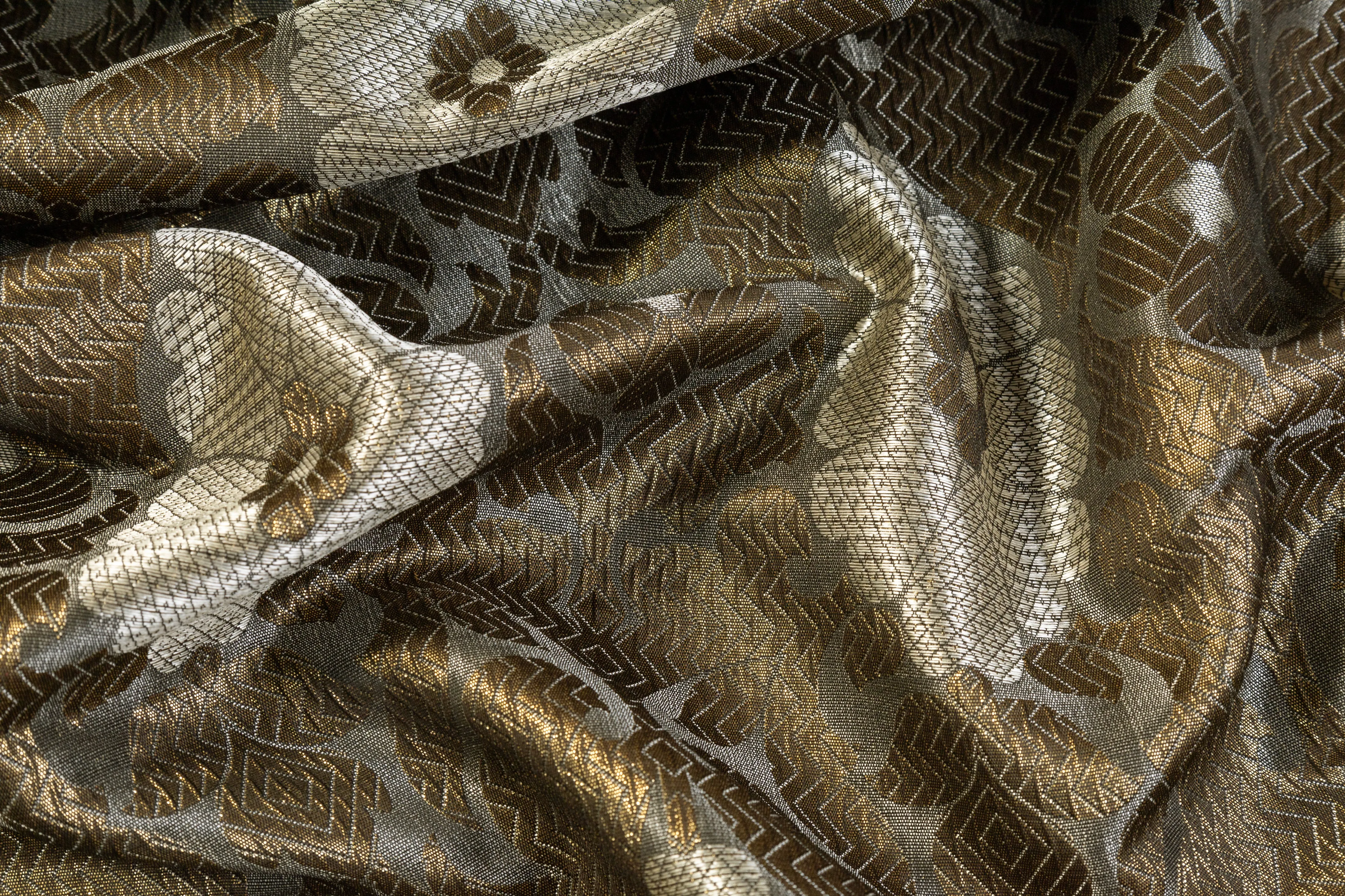 Damask Metallic Brocade - Antique Brass / Gray