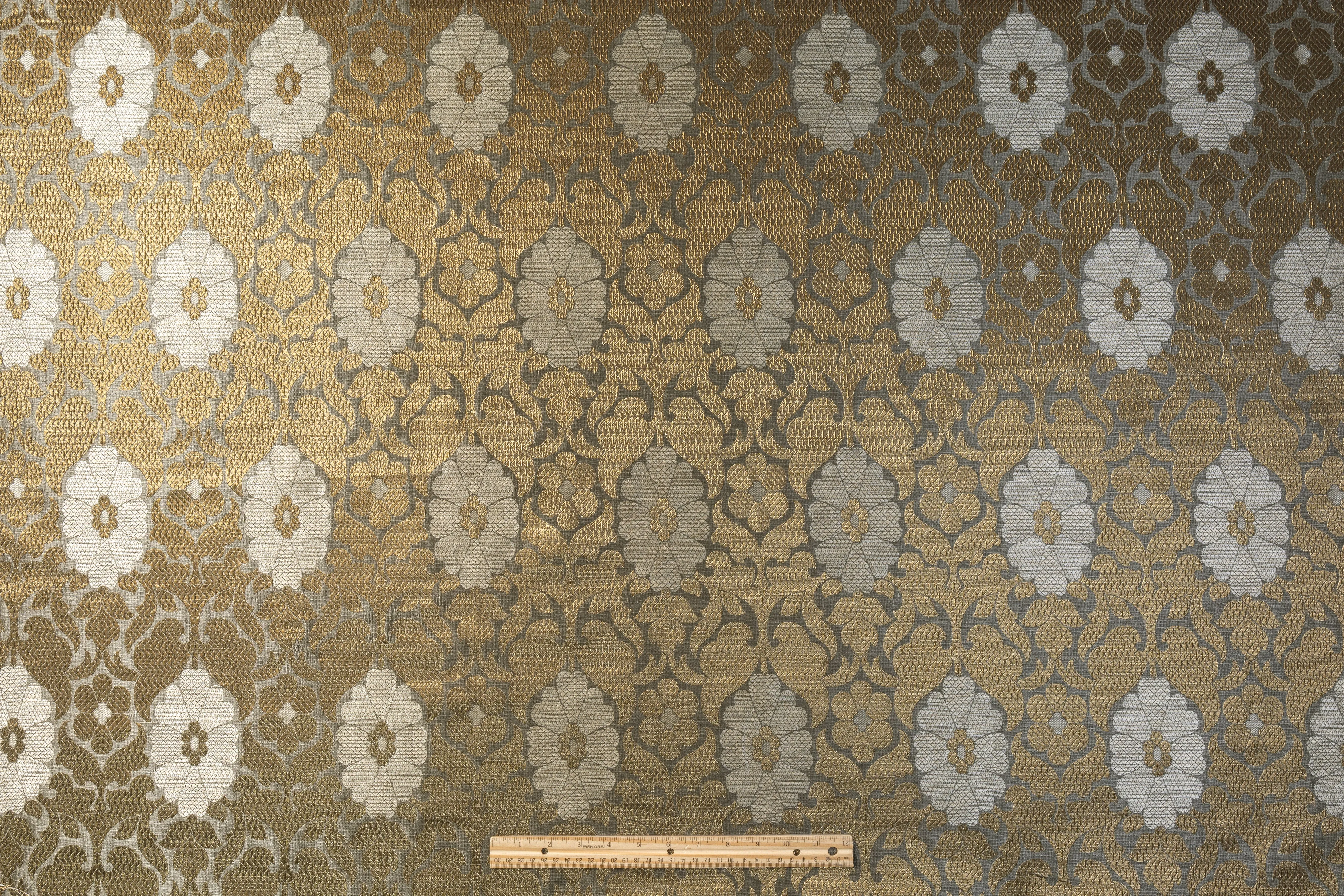 Damask Metallic Brocade - Antique Brass / Gray