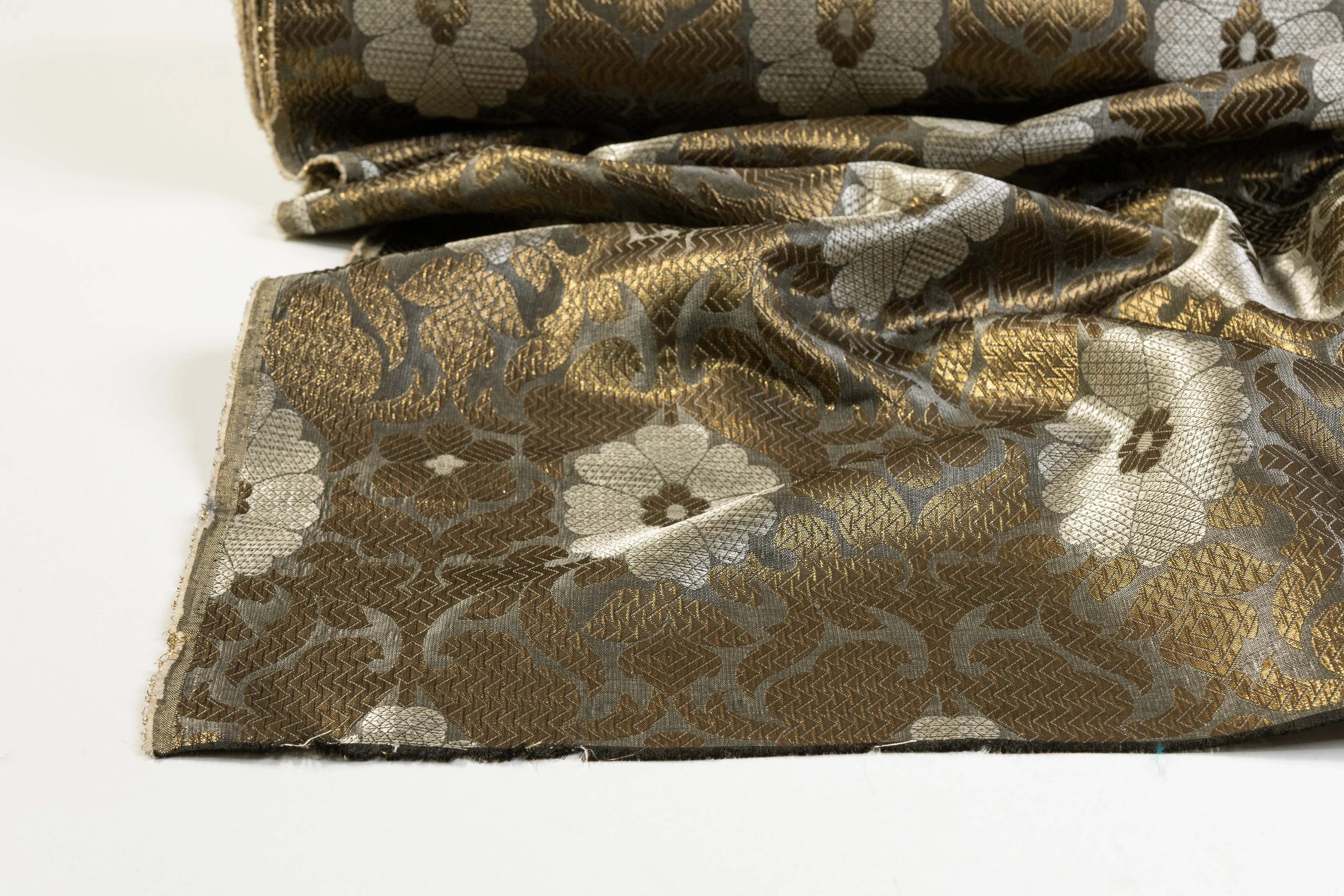 Damask Metallic Brocade - Antique Brass / Gray