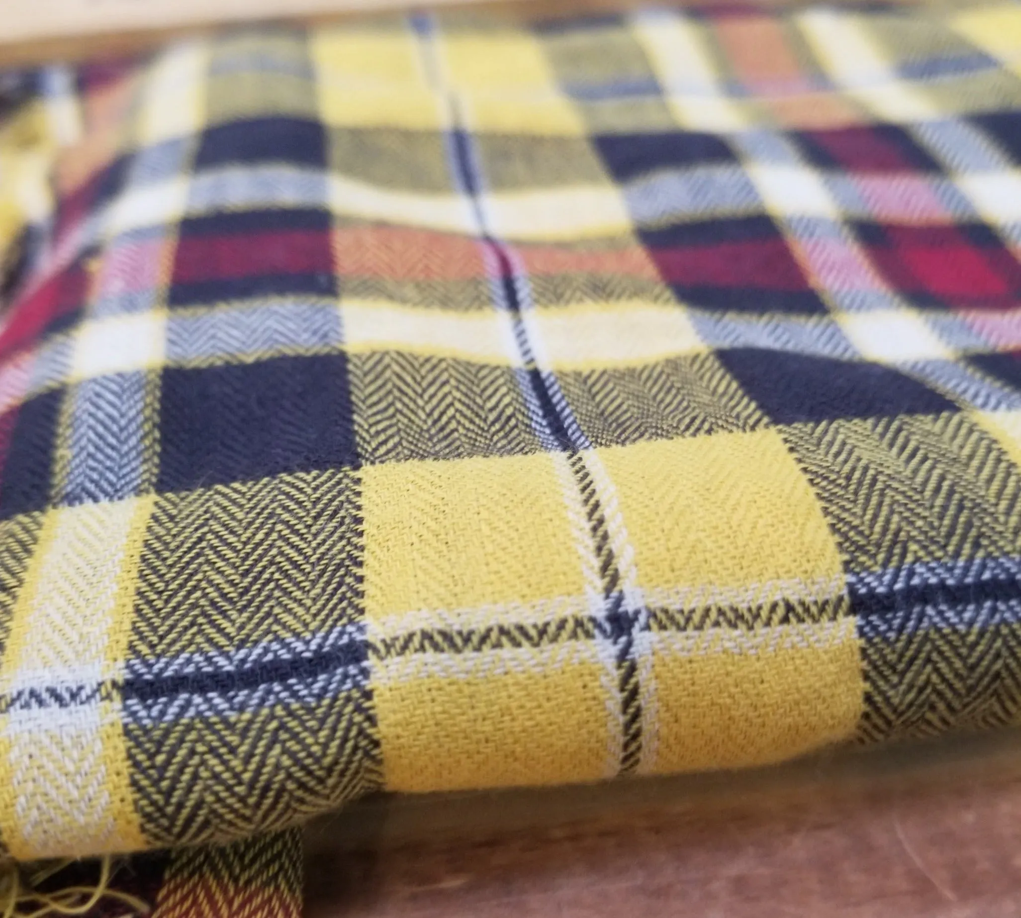 Designer Deadstock Cotton Rayon Herringbone Shirting Yellow Plaid Woven- by the yard