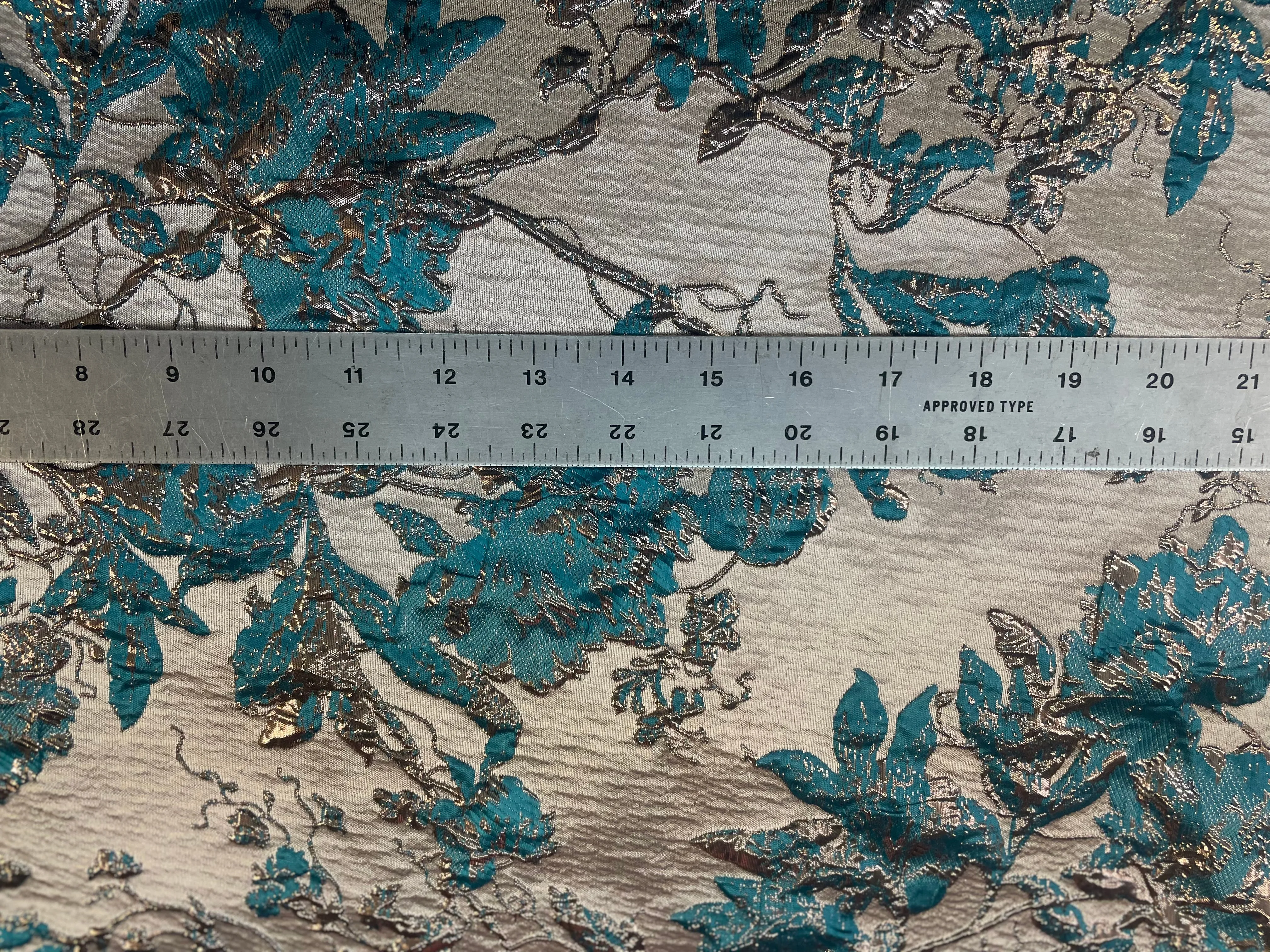 Designer Floral Brocade - Gold, Silver & Turquoise