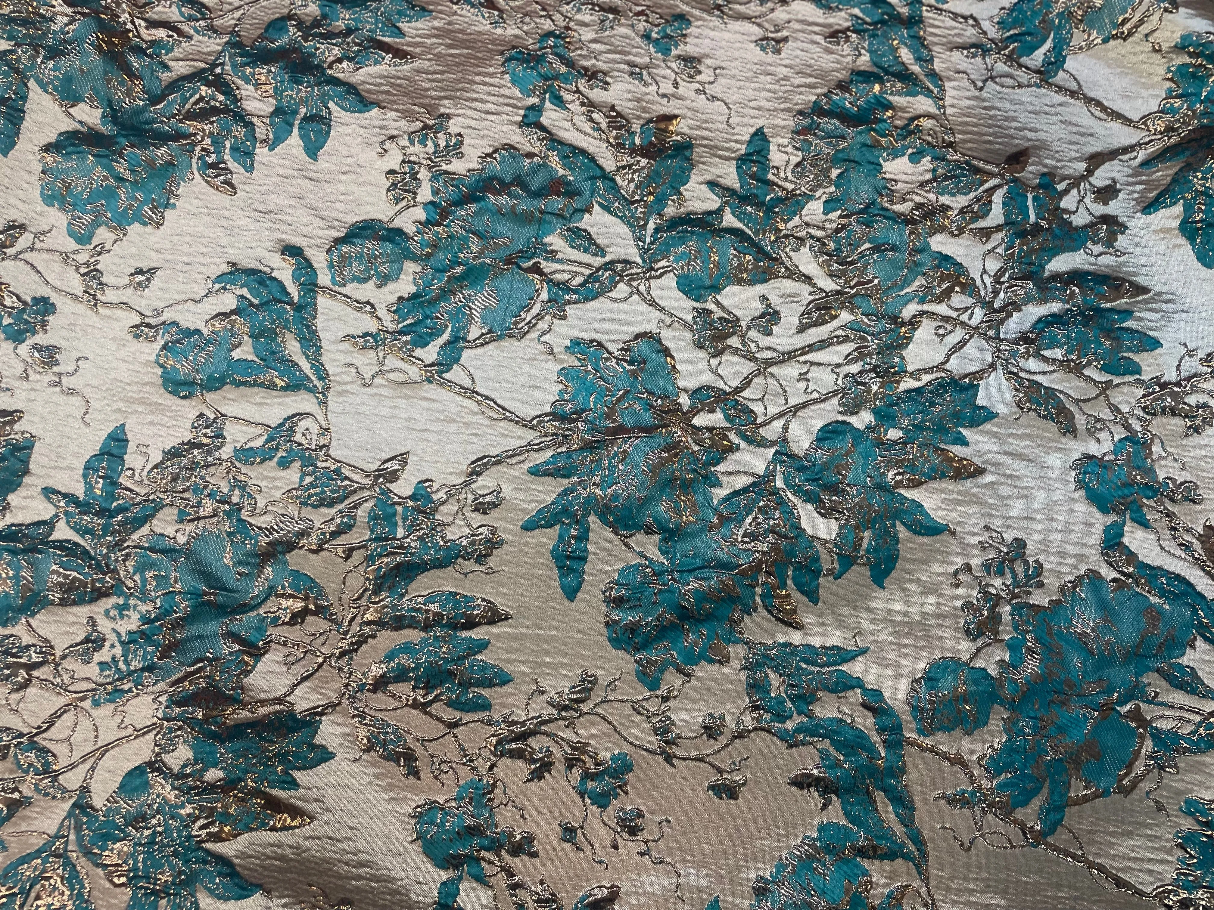 Designer Floral Brocade - Gold, Silver & Turquoise