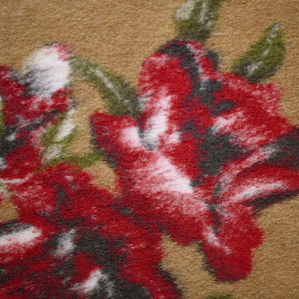 Designer Large Scale Rose Wool Blend Brushed Fleece Camel/Red