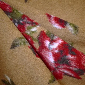 Designer Large Scale Rose Wool Blend Brushed Fleece Camel/Red