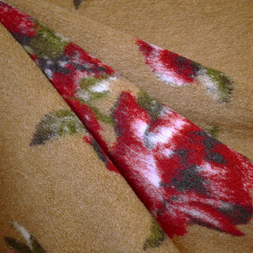 Designer Large Scale Rose Wool Blend Brushed Fleece Camel/Red