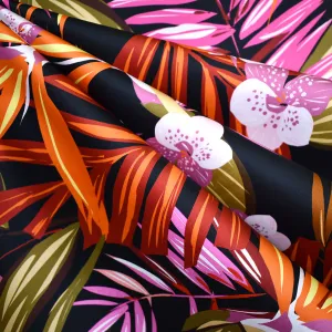 Designer Large Tropical Orchid Floral Stretch Sateen Black/Multi