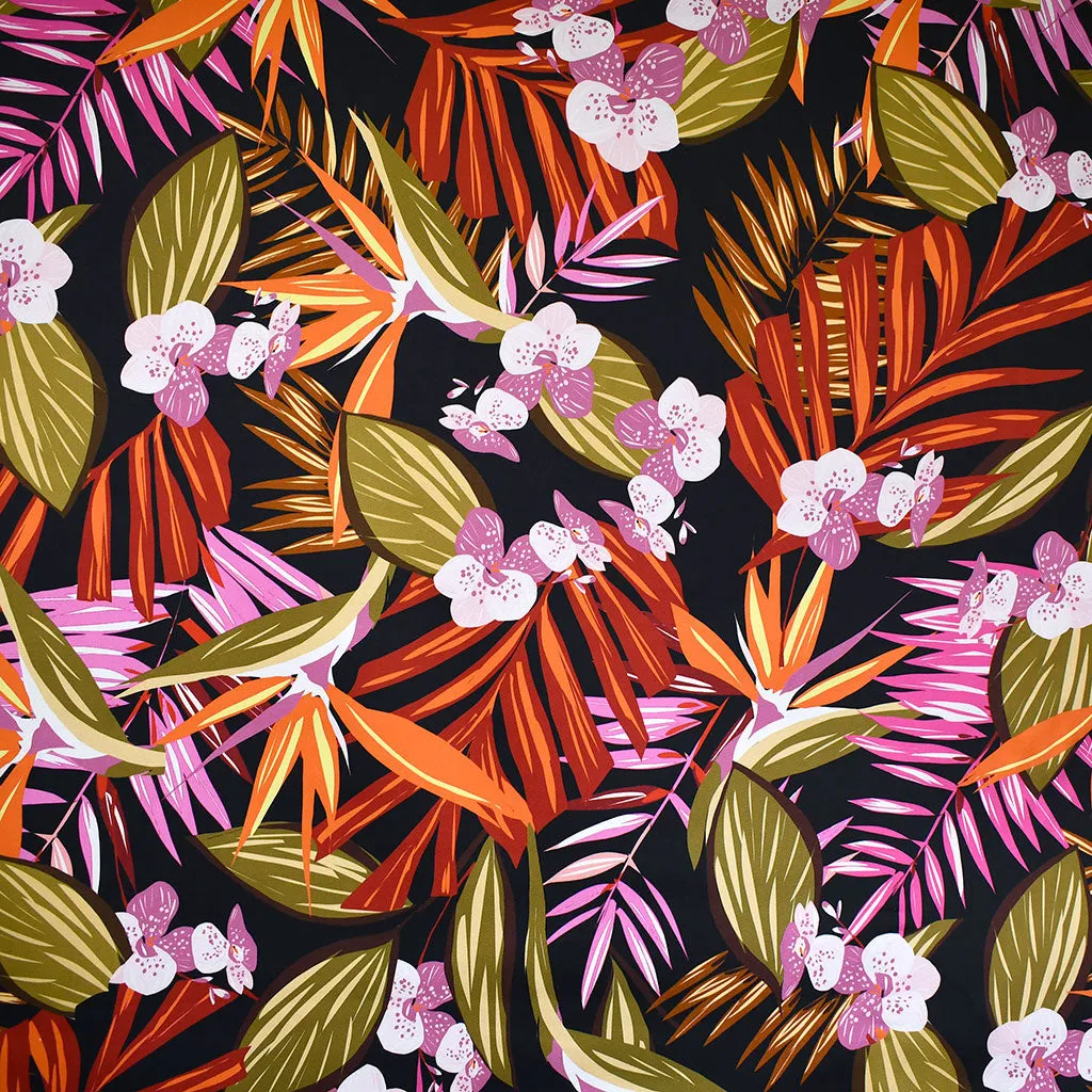 Designer Large Tropical Orchid Floral Stretch Sateen Black/Multi