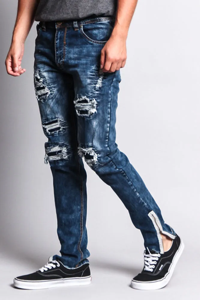 Destroyed Rip Illusion Moto Biker Jeans with Zipper