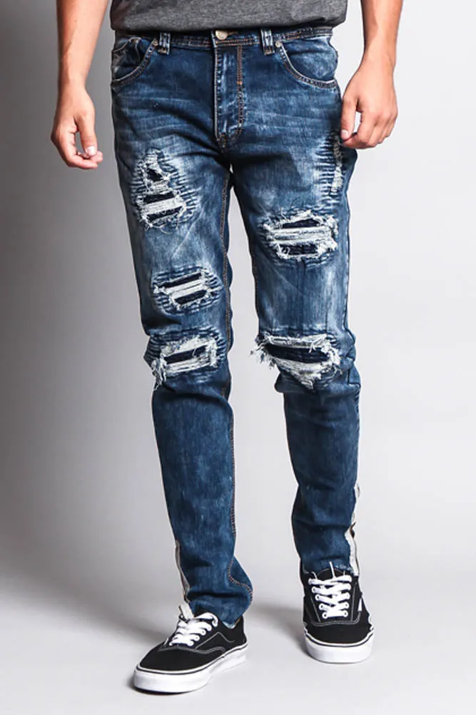 Destroyed Rip Illusion Moto Biker Jeans with Zipper