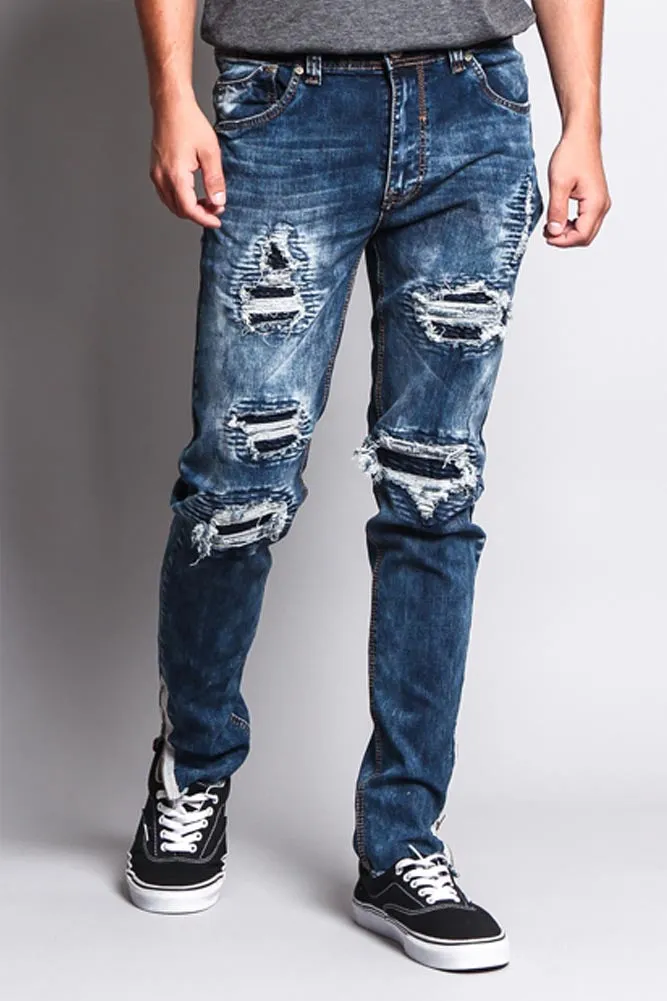 Destroyed Rip Illusion Moto Biker Jeans with Zipper