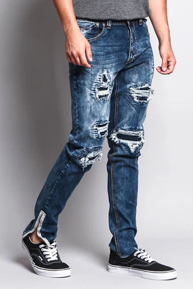 Destroyed Rip Illusion Moto Biker Jeans with Zipper