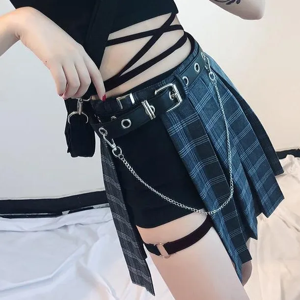 'Diesel' Grey Grunge Plaid A-Line Mini Skirt and Shorts