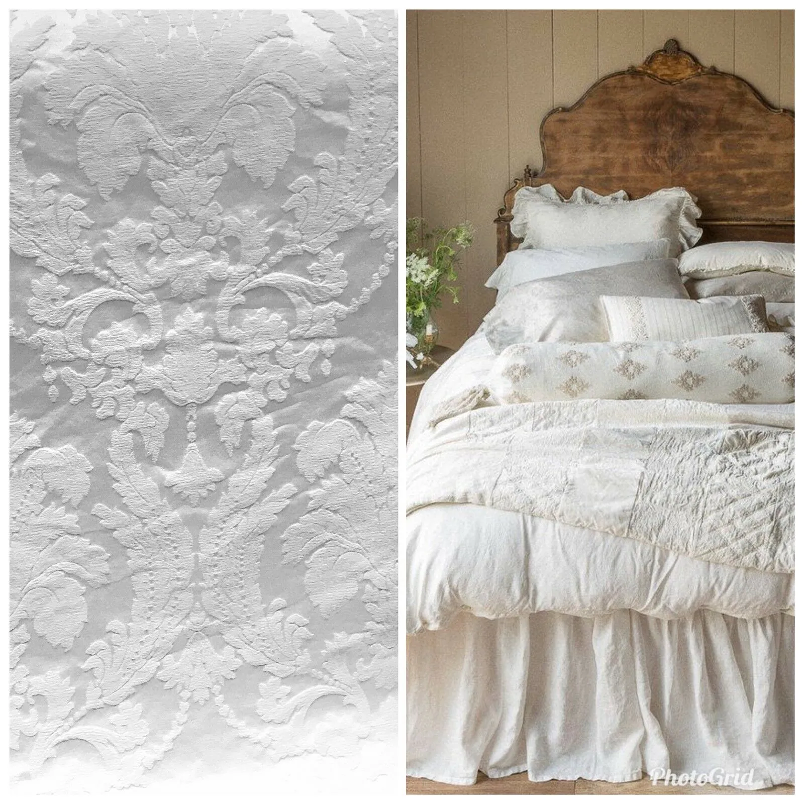 Duchess Taylor Designer Brocade Satin Fabric- Bleached White- Drapery Upholstery Medallion