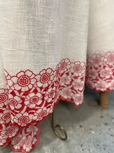 Embroidered Border & Textured Cotton - Ivory/Red