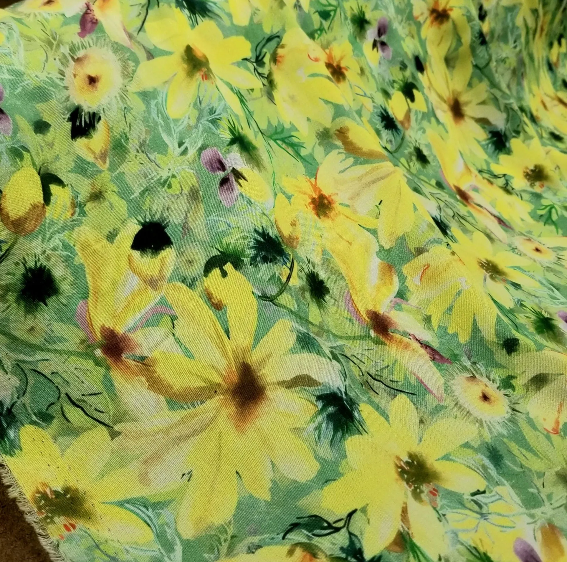 End of Bolt: 3.5 yards of Designer Deadstock Green and Yellow Viscose Soft Woven-remnant