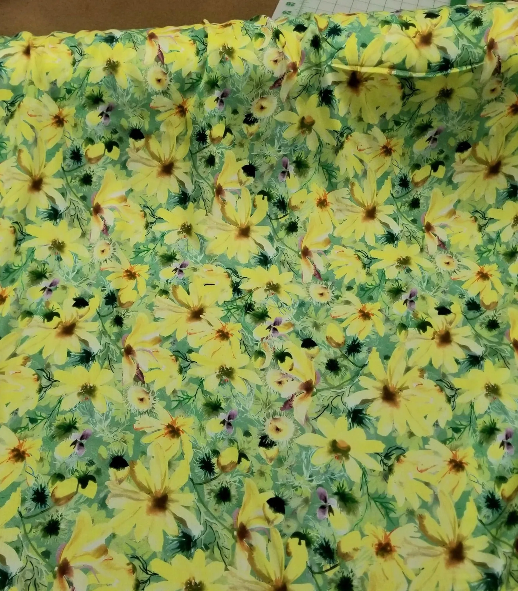 End of Bolt: 3.5 yards of Designer Deadstock Green and Yellow Viscose Soft Woven-remnant