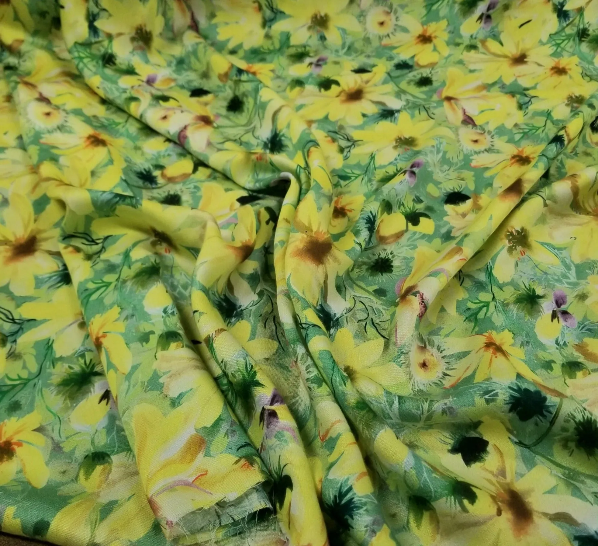 End of Bolt: 3.5 yards of Designer Deadstock Green and Yellow Viscose Soft Woven-remnant