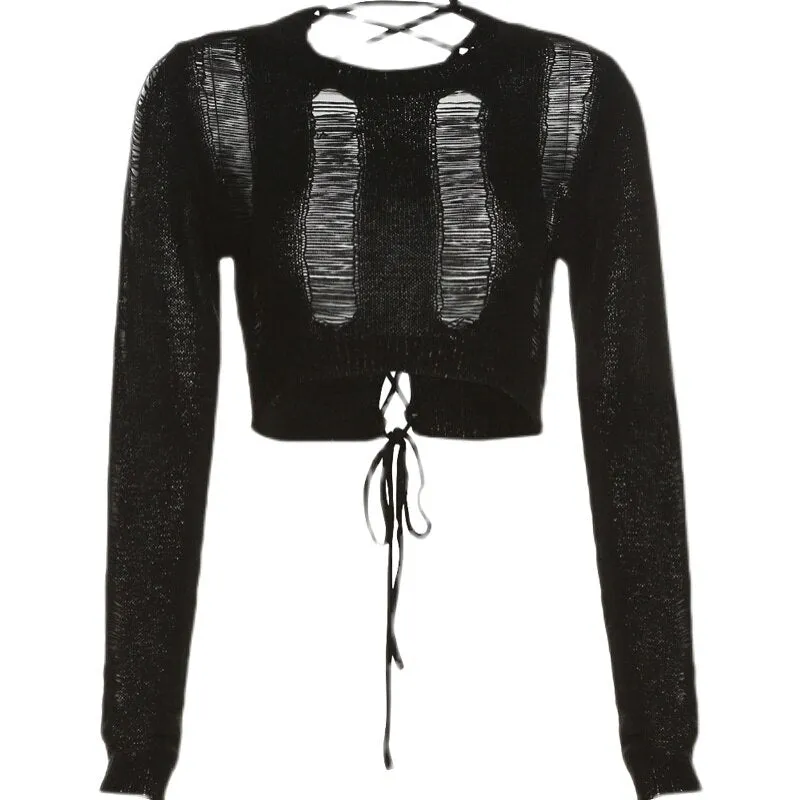 'Fairytale' Black Knitted Ripped Lace Up Sweater