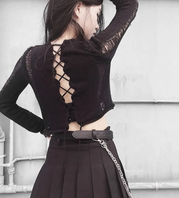 'Fairytale' Black Knitted Ripped Lace Up Sweater