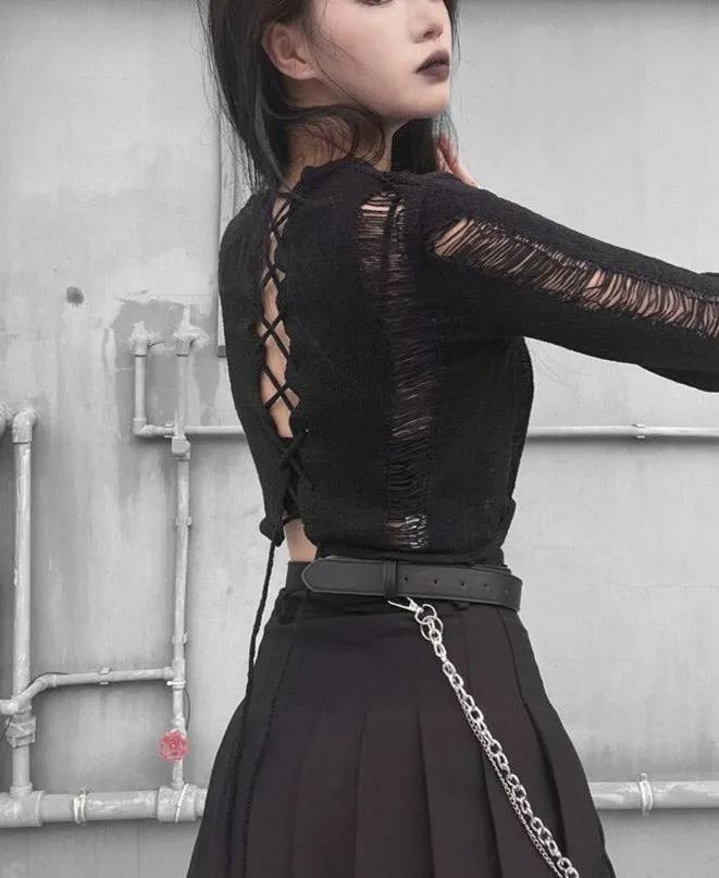 'Fairytale' Black Knitted Ripped Lace Up Sweater