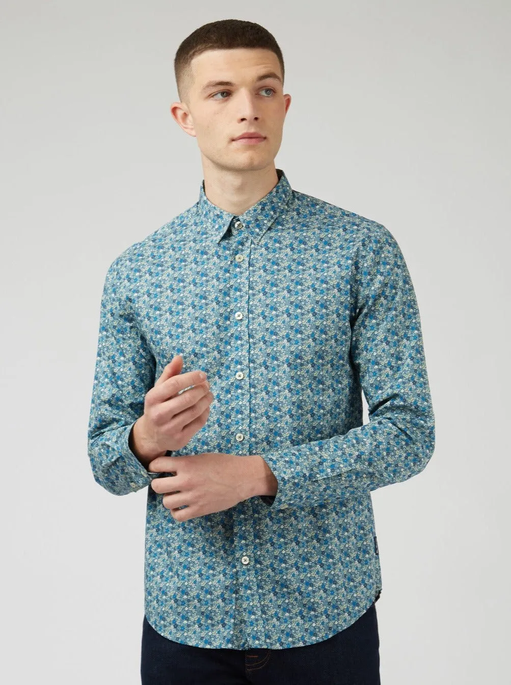 Floral Print Long-Sleeve Shirt - Blue