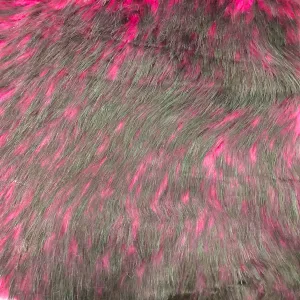 Fuchsia Black Husky Print Long Pile Shaggy Faux Fur Fabric