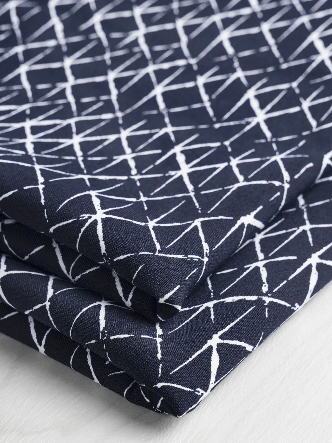 Geo Print Stretch Viscose Twill Deadstock - Navy   White - Swatch