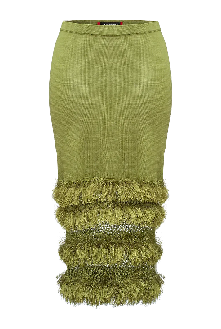 Green Knit Midi Fringe Skirt